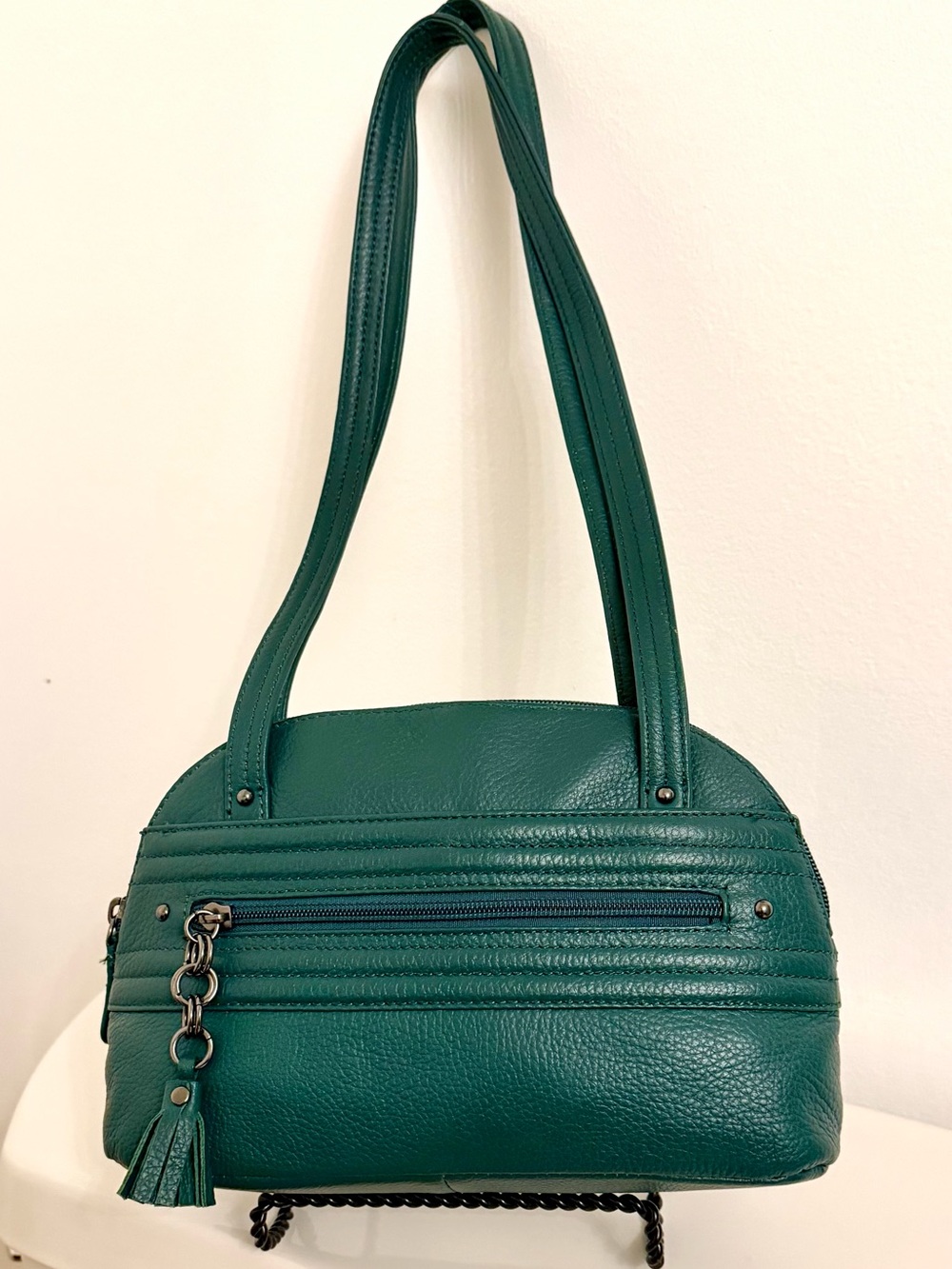 Stone Mountain Genuine Leather Teal Shoulder Bag Pebbled Leather Tassel Purse